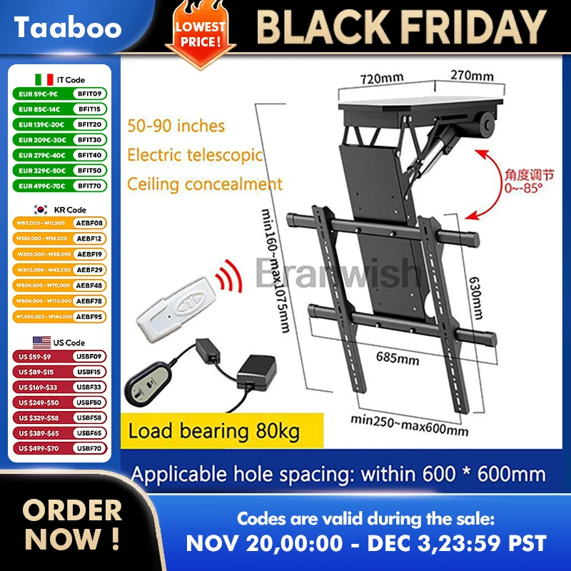 

Ceiling LIFT 50-90" TV Electric Remote Control Rotating Bracket Adjustable Techo Mount Wall HolderSupport Motorized Stand