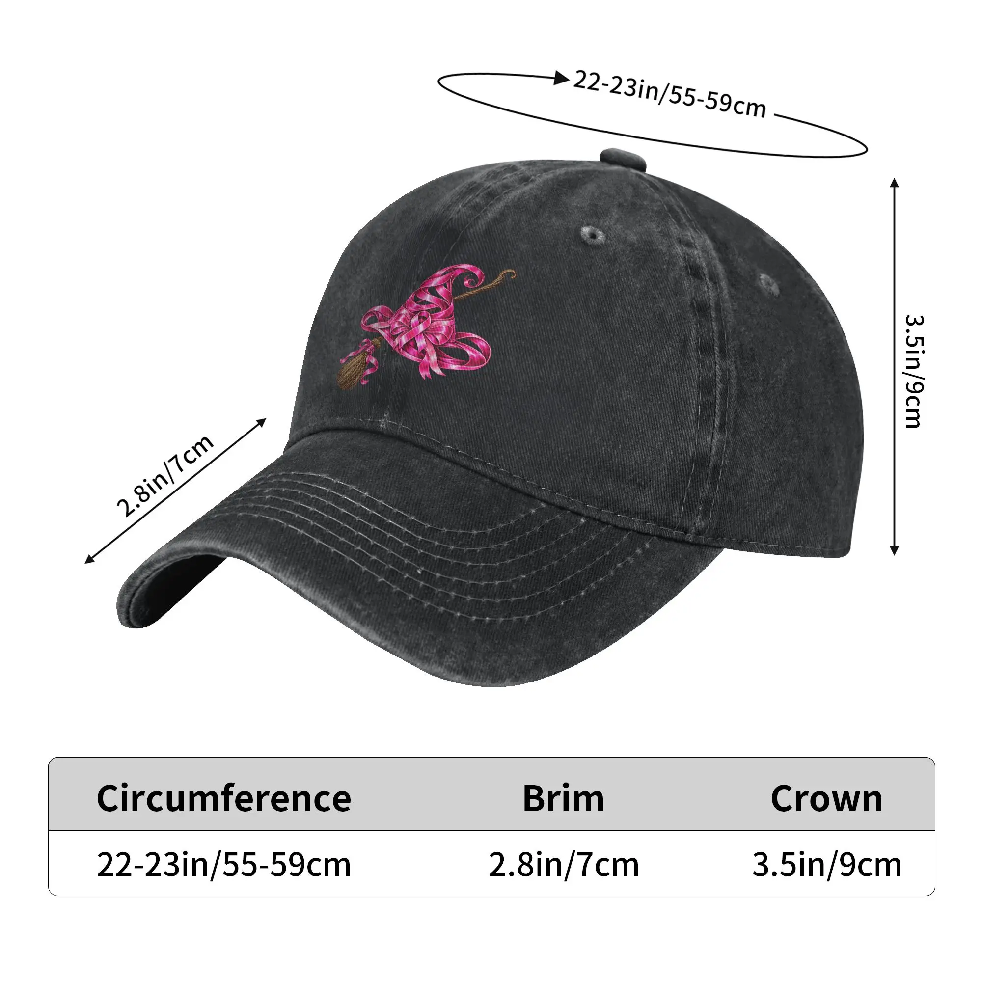 Pink Ribbon Witch Hat Broom Breast Cancer Halloween Awarenes Sun Baseball Cap Women Men Trucker Hat Sun-Proof Baseball Caps