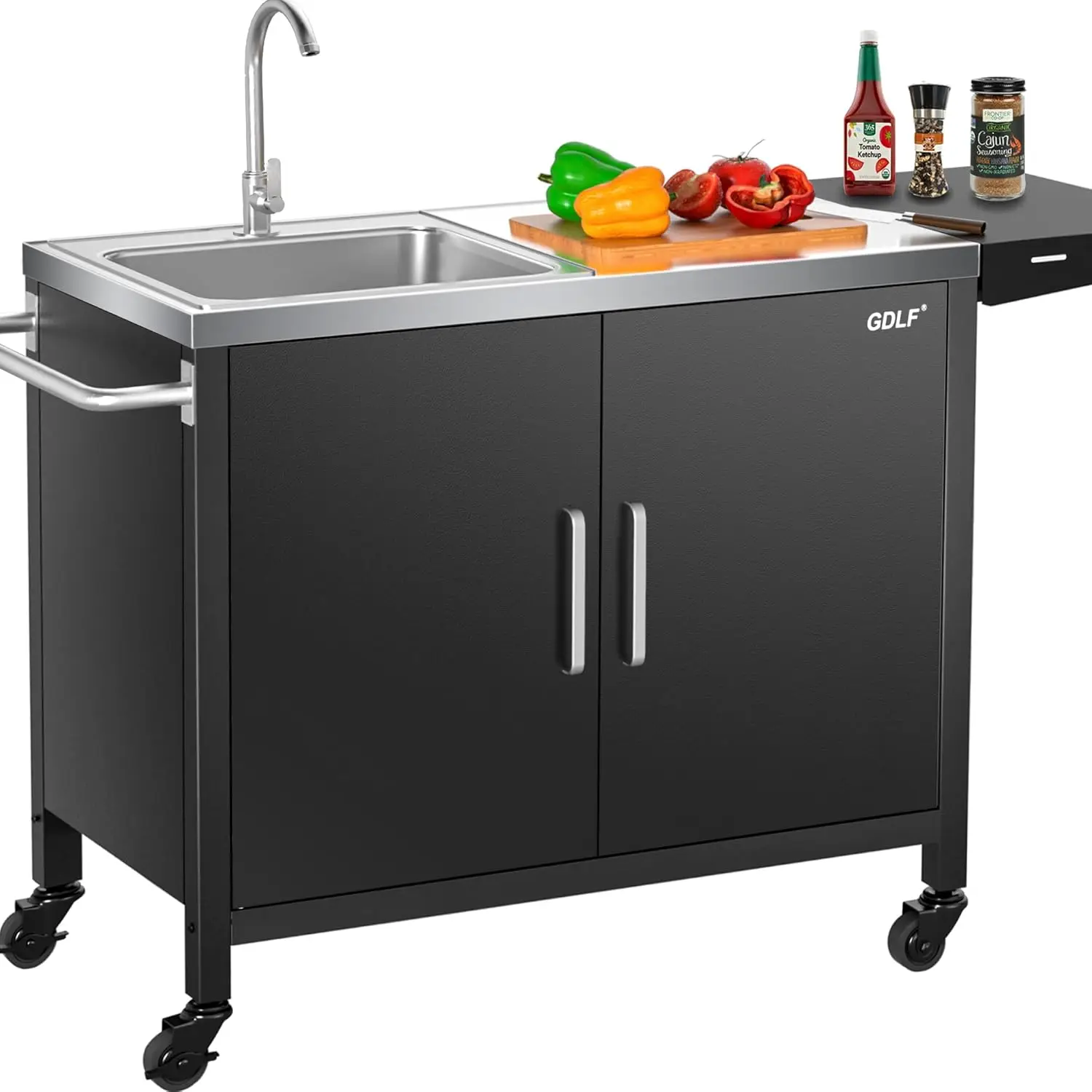 Outdoor Grill Table with Sink,Metal Outdoor Grill Cart, Outdoor Kitchen Island with Stainless Steel Sink,L57*W21.65