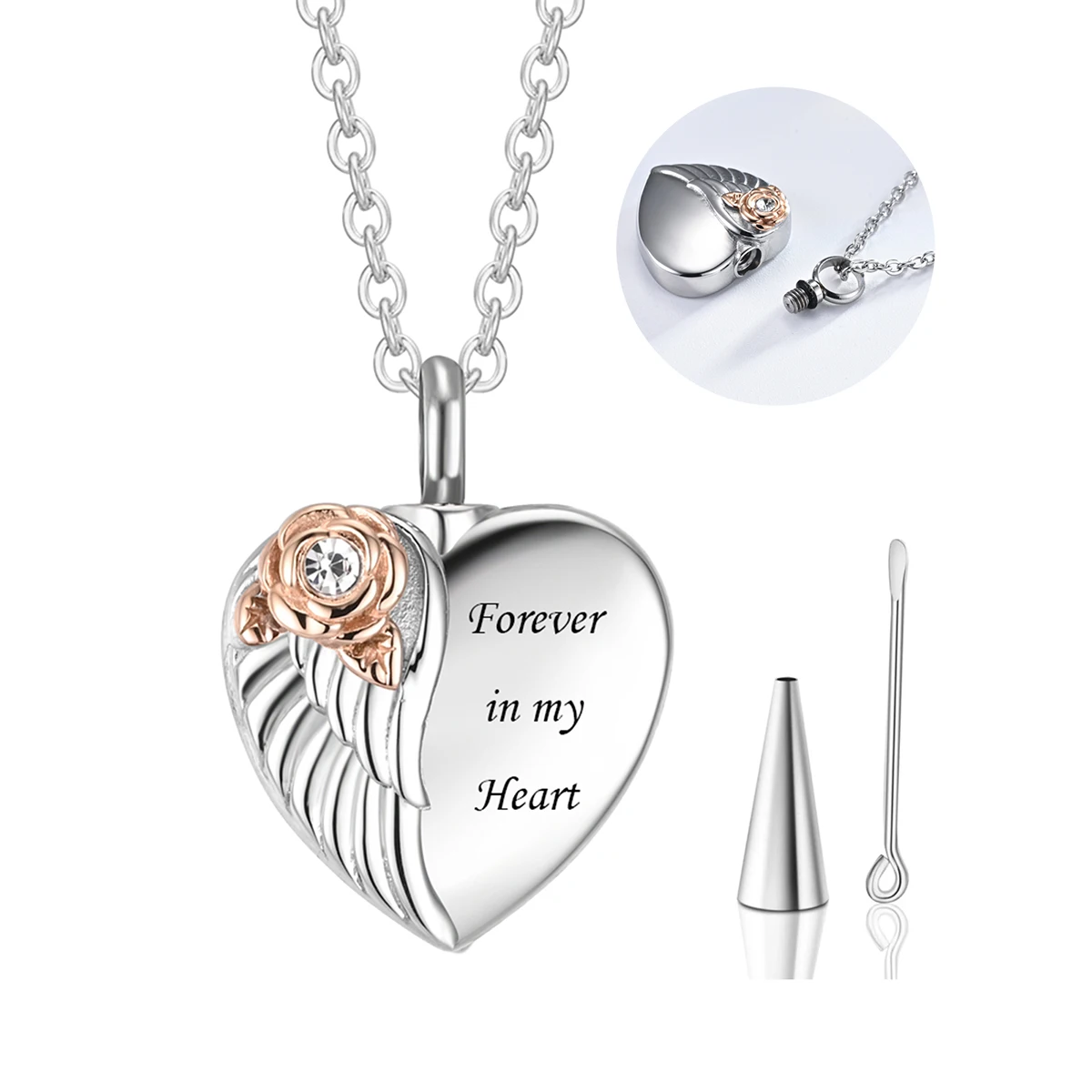 Stainless Steel Angel Wing With Rose Heart Urn Pendant for Ashe Cremation Keepsake Customize Name Necklace Jewelry Gift