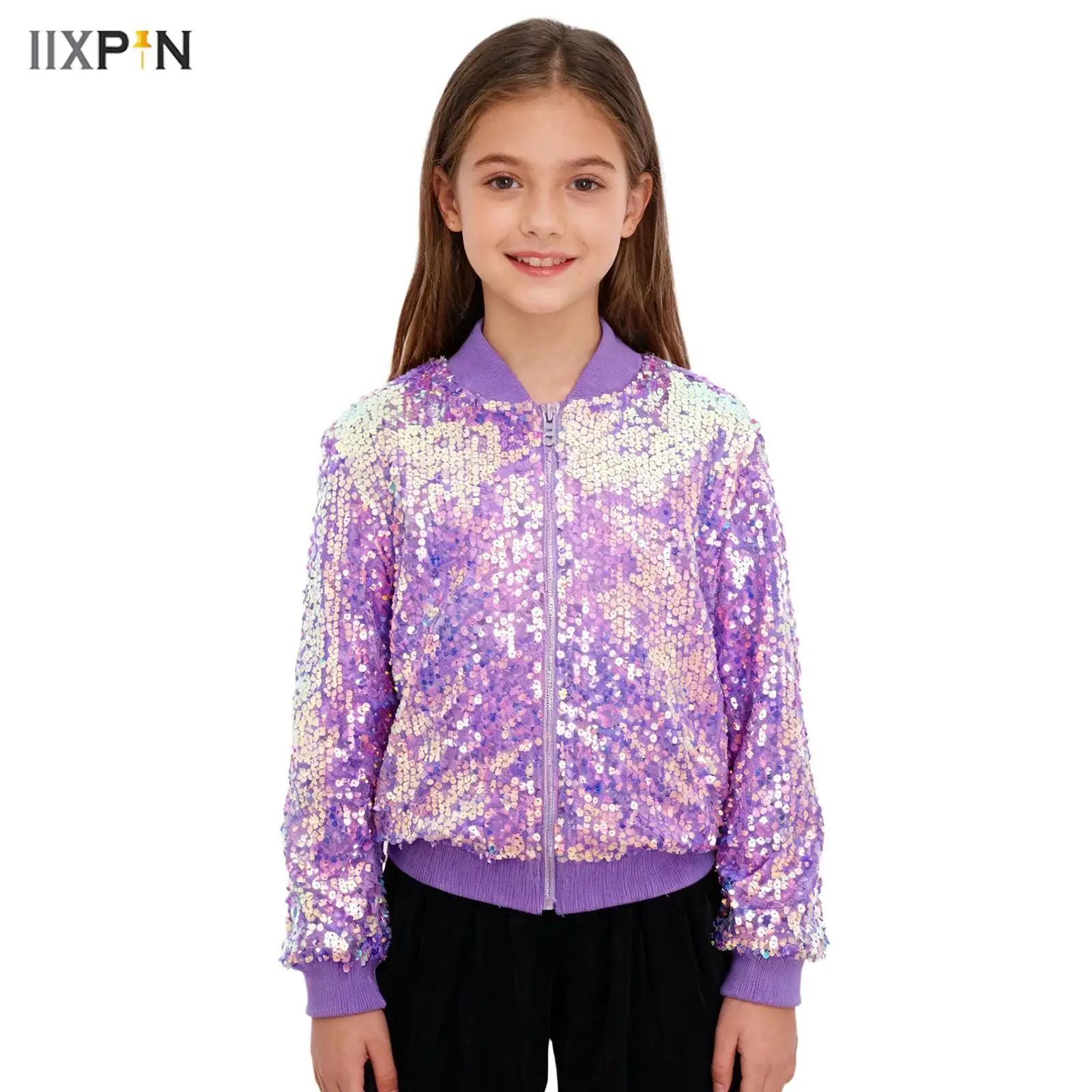 

Kids Girls Jazz Hip-hop Dance Top Long Sleeve Zipper Sparkling Sequin Jacket Coat with Pockets for Stage Performance Streetwear