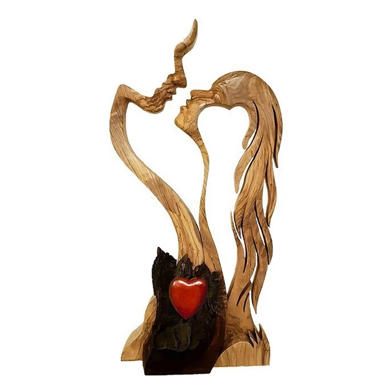 Love Eternal Wood Ornaments Wooden-Heart Desktop Sculpture Couple Kissing Statue Love Art Ornaments for Home Decorations Gift