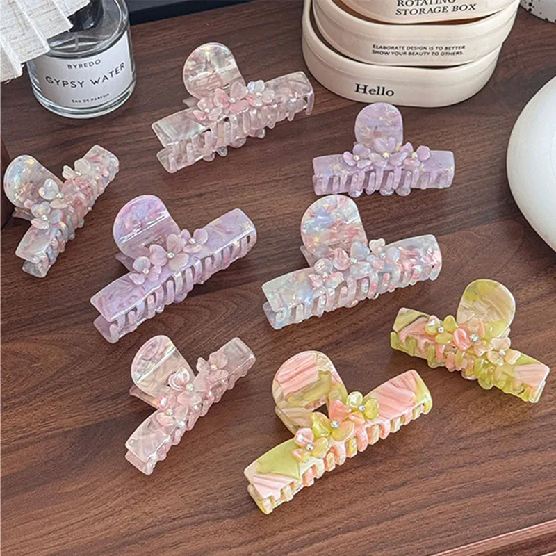 Unico-novo-design-floral-strass-incrustado-garra-de-cabelo-para-meninas-doces-simples-moda-acetato-grande-tubarao-clipe-acessorio-de-cabelo