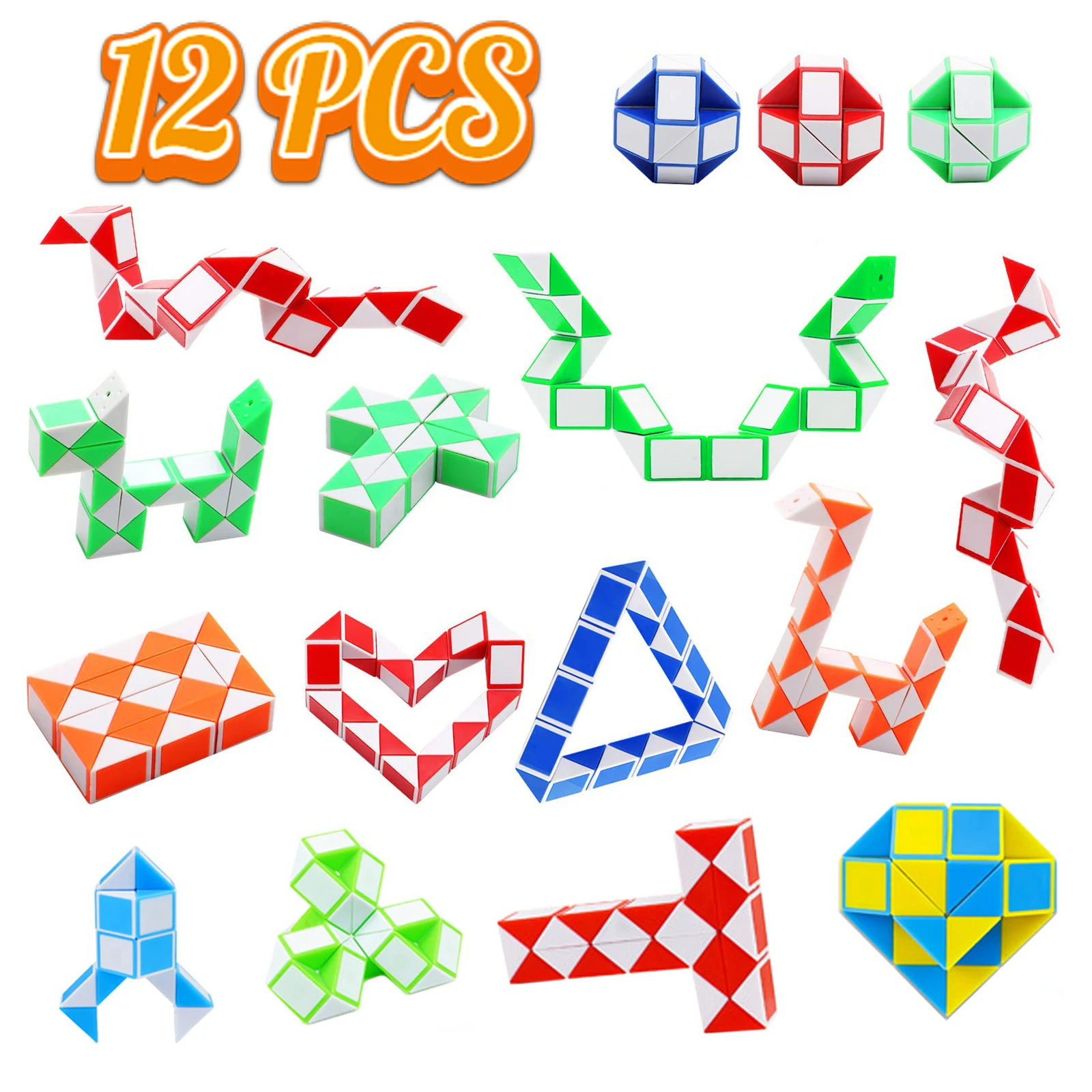 12-6pcs Random Snake Cube Twist Folding Puzzle Fidget Toy 24 Blocks Magic Ruler Anti Stress Reliever Game Gift for Kids Adults