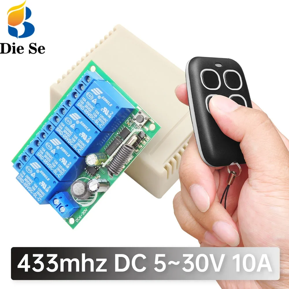 

433mhz Rf Wireless Remote Control Dry Contact 10A Relay Receiver DC 6V 12V 24V and Black Transmitter for Garage Door Motor Led