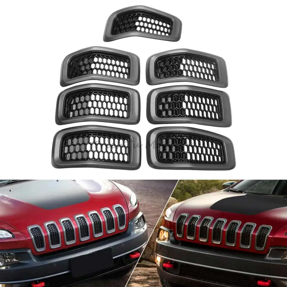 7 Pcs Grille Honeycomb-Mesh Grill Suv Front Grille Compatible With Jeep Cherokee 2014-2018 High Quality Abs Plastic Gray Black