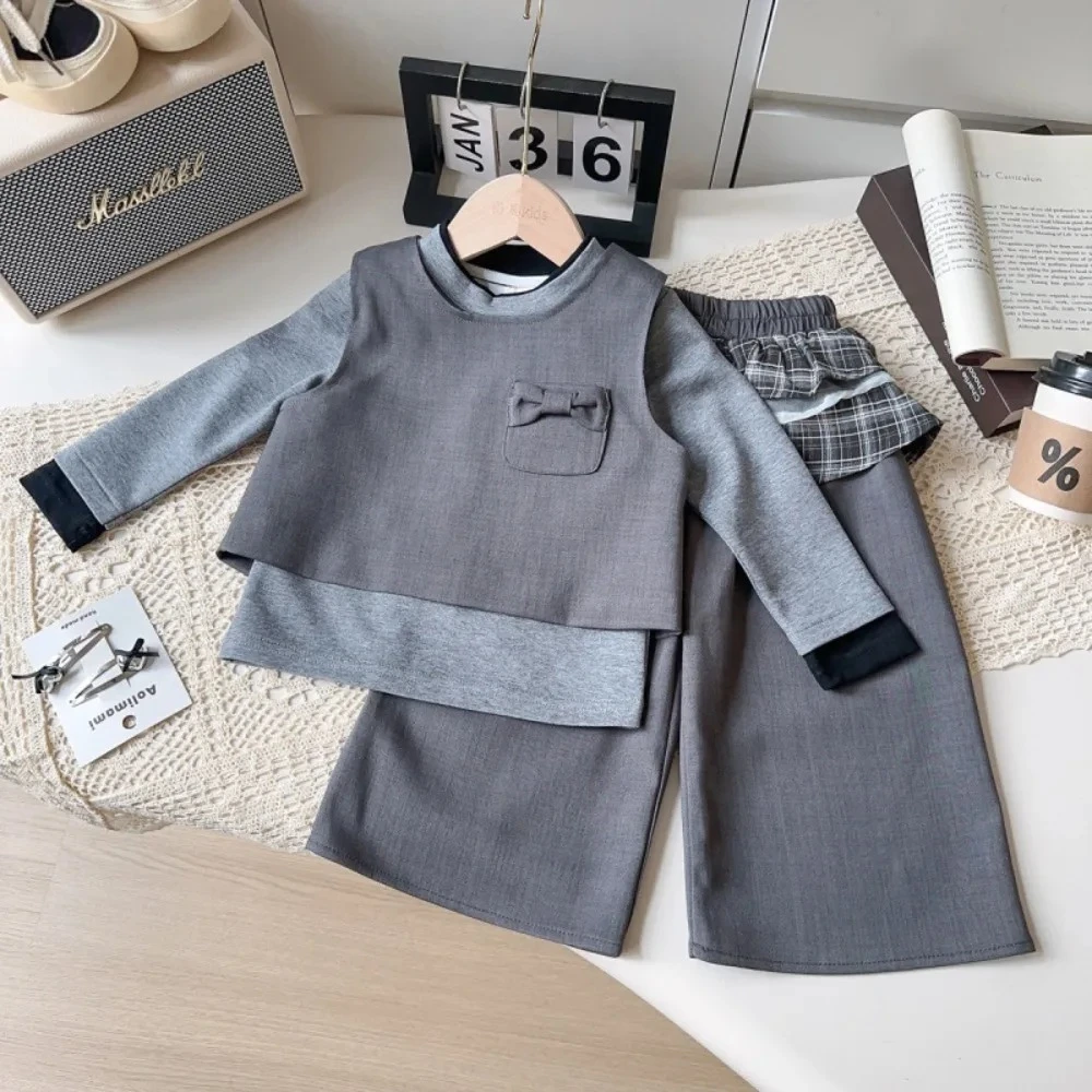 

Модная серая детская одежда, весенне-осенняя базовая рубашка с длинными рукавами + майка + брюки, комплект из трех предметов, однотонная одежда для девочек