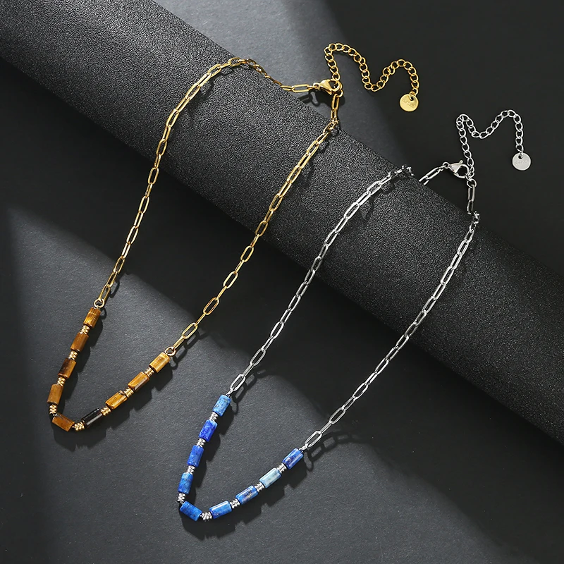 Fashion Jewelry Women's Gift High Quality Waterproof 18k Gold Plated Tiger Eye Green Gold Stone Beaded Stainless Steel Necklaces