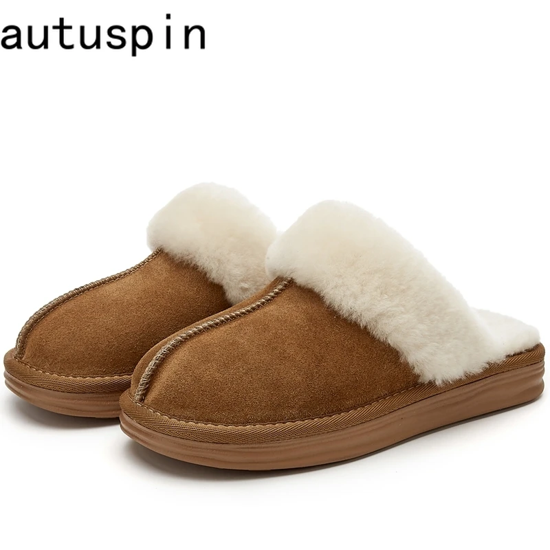 

AUTUSPIN Winter Casual Slippers for Women 2025 Outdoor Keep Warm Plush Slides Shoes Fashion Flats Female Basic Cosy Footwear