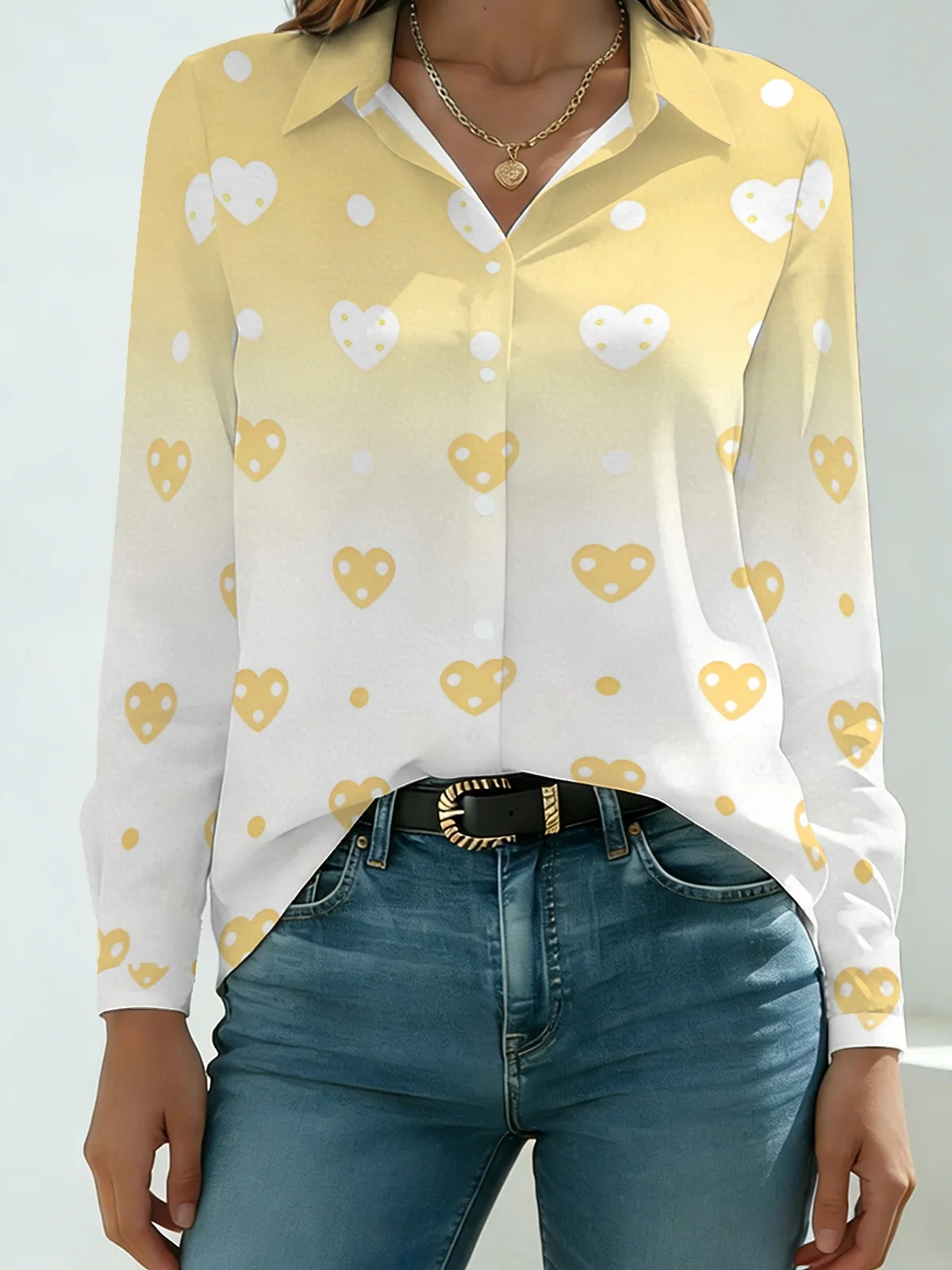 Sweet Gradient Heart Dot Shirt Women Lapel Yellow White Polka Heart Print Button Down Blouse for Office Work