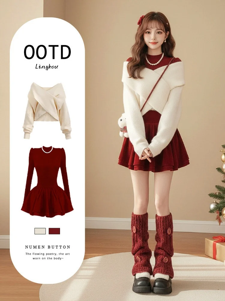 

Костюм-двойка Red Cross: топ и юбка А-силуэта для женщин, осенне-зимний, модный, молодежный, повседневный