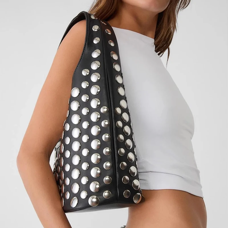 Punk Style Heavy Rivet Tide U-shaped Underarm Bag Fashion Women Bag Casual Personality Cool Polka Rivet Bag Portable Bucket Bag