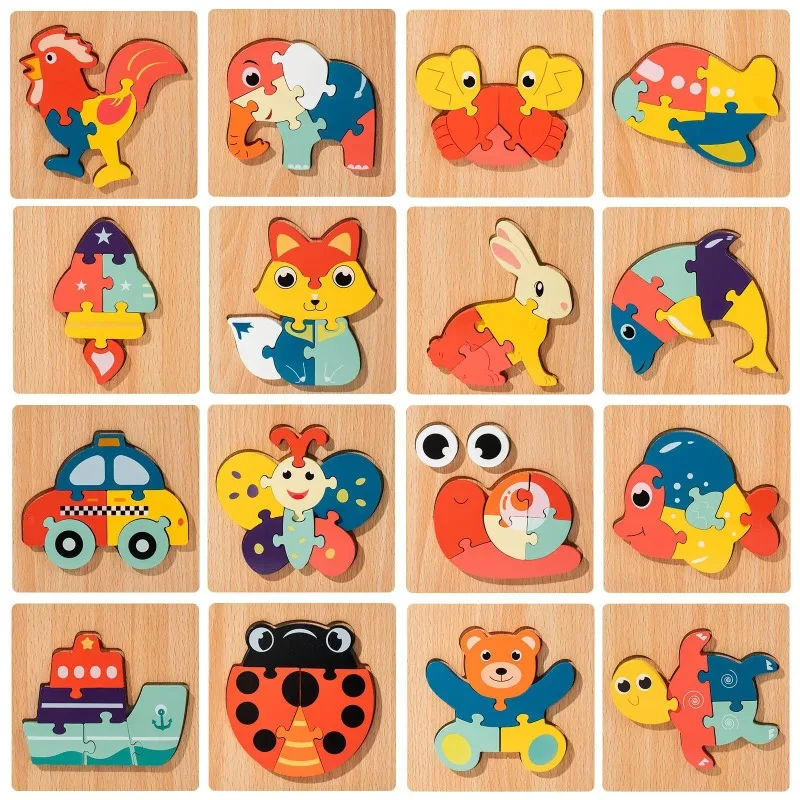 Drewniane puzzle stereoskopowe 3D Montessori, kreskówkowe zwierzęta, kształty, kolory, edukacyjna gra poznawcza, zabawka, prezent urodzinowy dla dzieci, 퍼즐