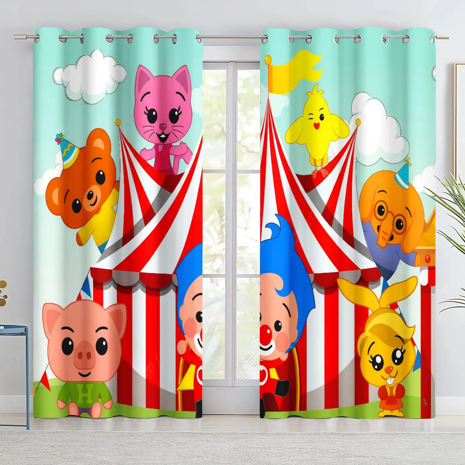 Plim‑Plim Clown Birthday Party 3D Print Blackout Curtain Cute Animal Friends Balloon Gift Window Drapes Kids Bedroom Home Decor