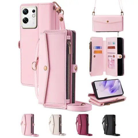 Bolsa de couro luxuosa para vivo v25 pro v23 v21 v20 se v19 v17 v15 cordão crossbody com zíper carteira flip capa de cartão de telefone