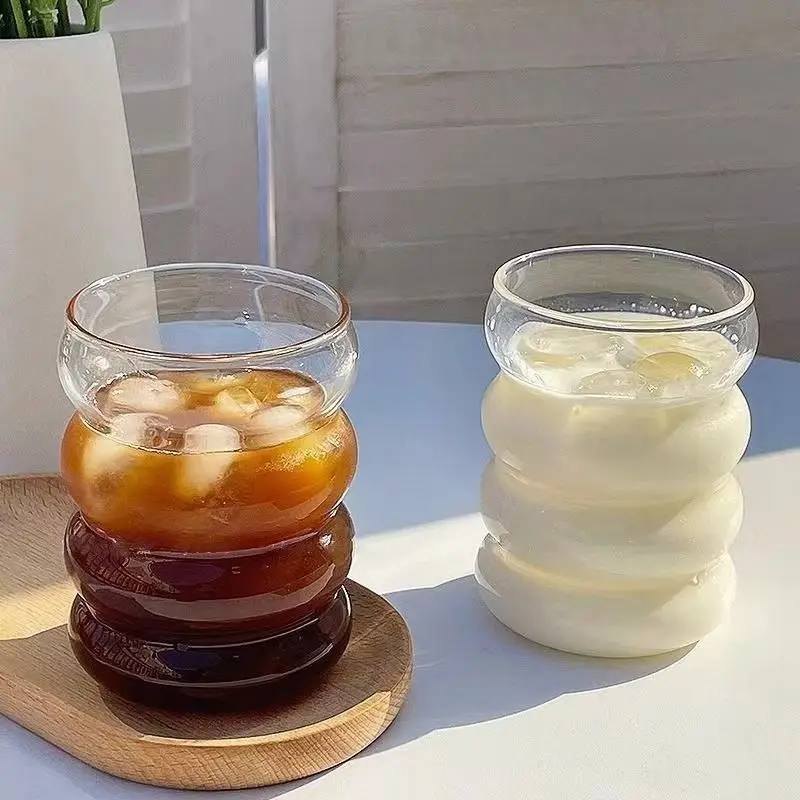 2Pcs High Aesthetic Ripple Colorful Straws Glass Cups, Cute Spiral Caterpillar Design Coffee Milk Glasses, Home Use Drinkware Se