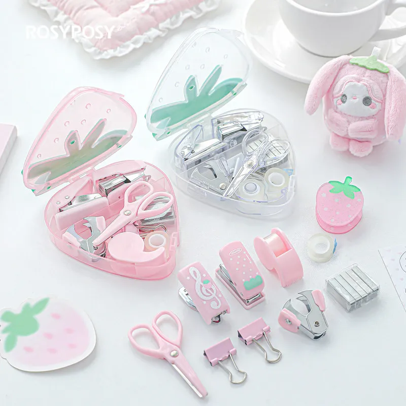 Rosyposy Strawberry Stationery Set Mini Stapler Puncher Scissors Tape Kit Office Desktop Organizer Supplies