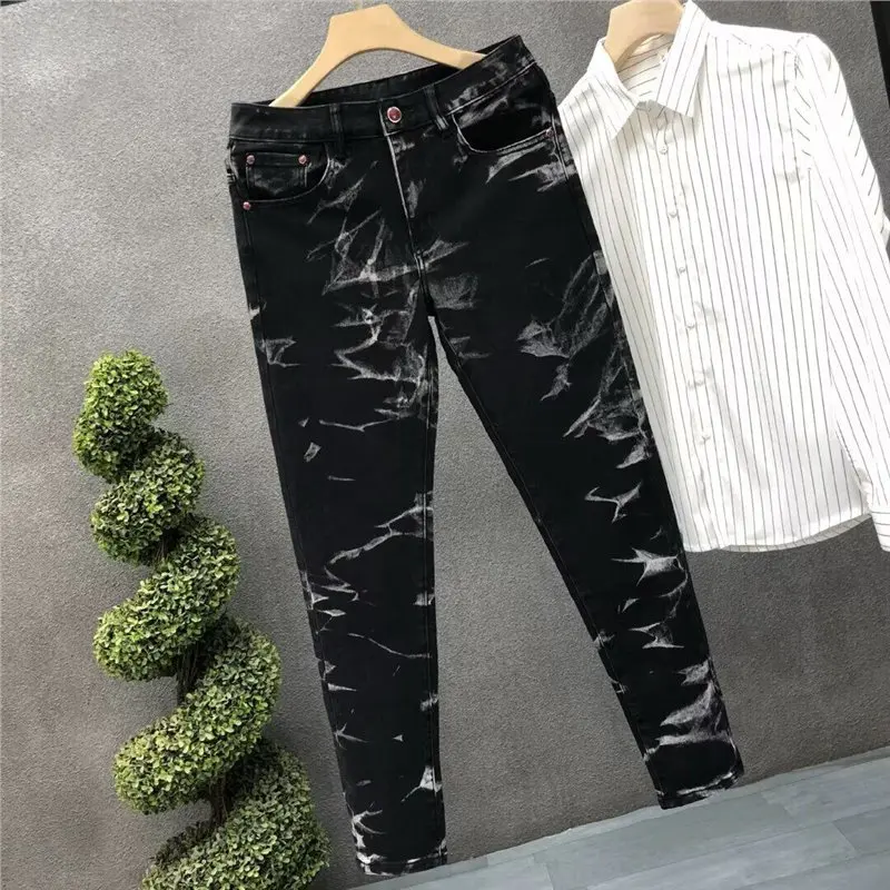 2026 Four Seasons Men Skinny Simple Basic Daily Trendy Casual Printed Super Stretchy Jeans Pants New Fashion Male Denim Trousers
