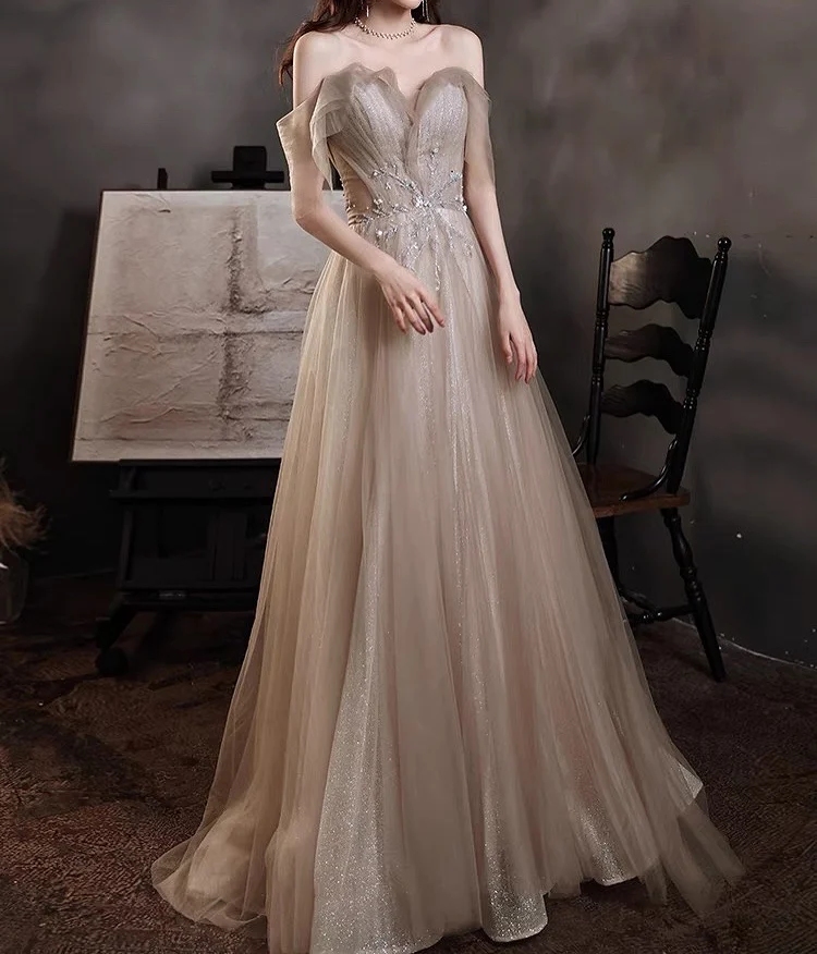 

Khaki Evening Dresses Off The Shoulder Backless Lace Up Tulle Appliques A-Line Floor- Length Elegant Formal Party Prom Gowns