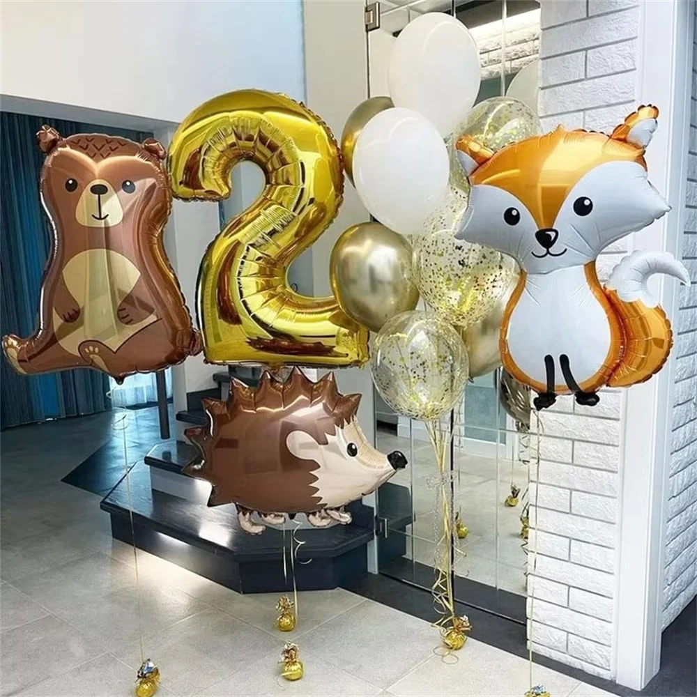 13pcs Gold Number Animal Foil Balloons Happy Birthday Party Decorations Kids Girl Boy Baby 1 2 3 4 5 6 7 8 9 Year Old Supplies