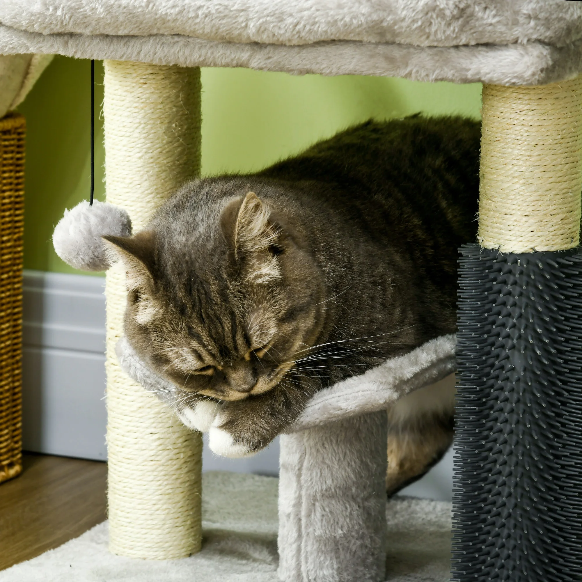 PawHut Small Cat Tree for Indoor Cats, Cat Scratching Post with Bed, Self Groomer, Toy - Grey