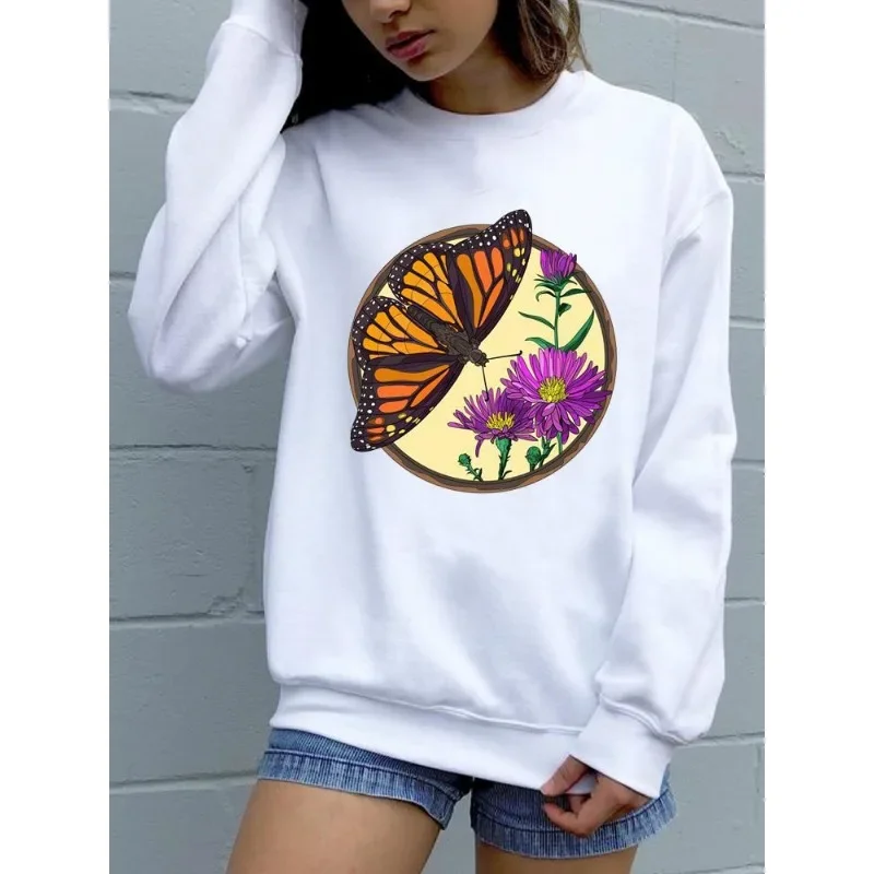 Women\'s Slim Fashion Printed Butterfly White Hoodie Streetwear Women  Sweatshirts  Aesthetic  Sweatshirt