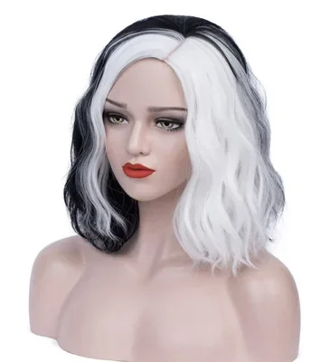 Perruque Cruella Deville noire et blanche pour femmes, Costume Cruella Deville, cheveux courts bouclés et ondulés, perruques douces et mignonnes pour fête costumée