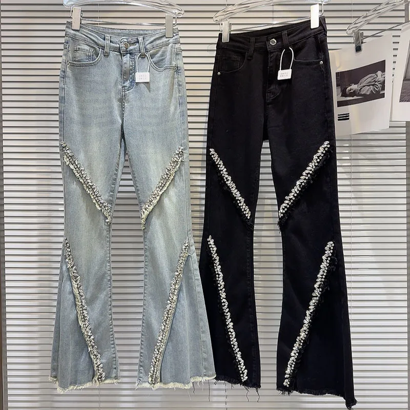 2024 Lente Nieuwe Niche Hot Girl Strass Gerafeld Kralen Denim Broek Zware Industrie Slim Fit Skinny Flare Jeans Voor Vrouwen