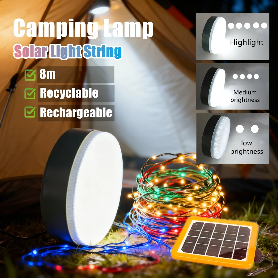 New Portable Solar Camping Light Solar 8m Light String LED Reel String Lights Outdoor USB Lamp Recyclable Garden Tent Room Decor