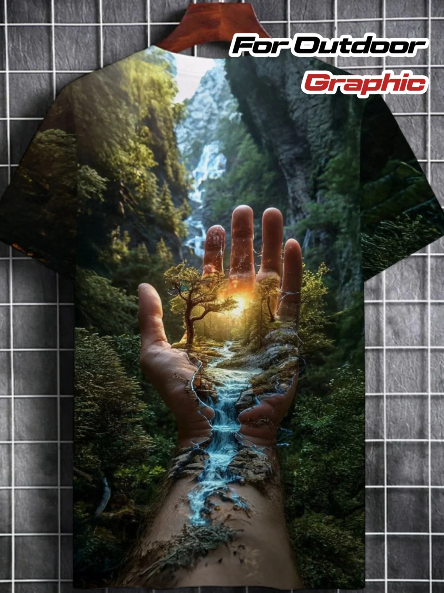 Men Giant Palm Holding Mountain Stream Forest Sunset Nature Surreal Print Short Sleeve Crew Neck Outdoor T-shirt