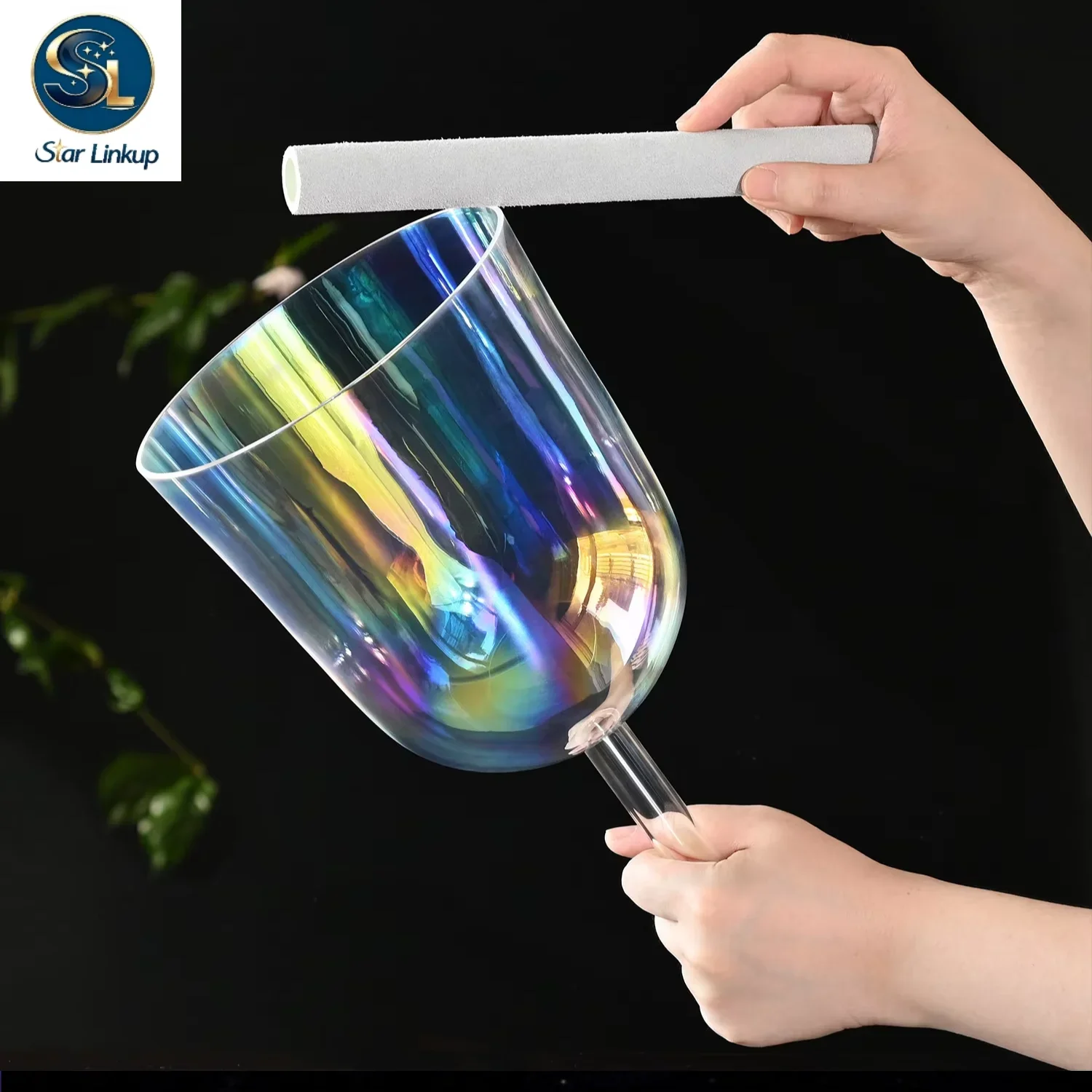 STAR LINKUP 8 Inch Cosmic Light Clear Quartz Crystal Singing Bowl with Handle for Stress Relief Sound Healing and Meditation