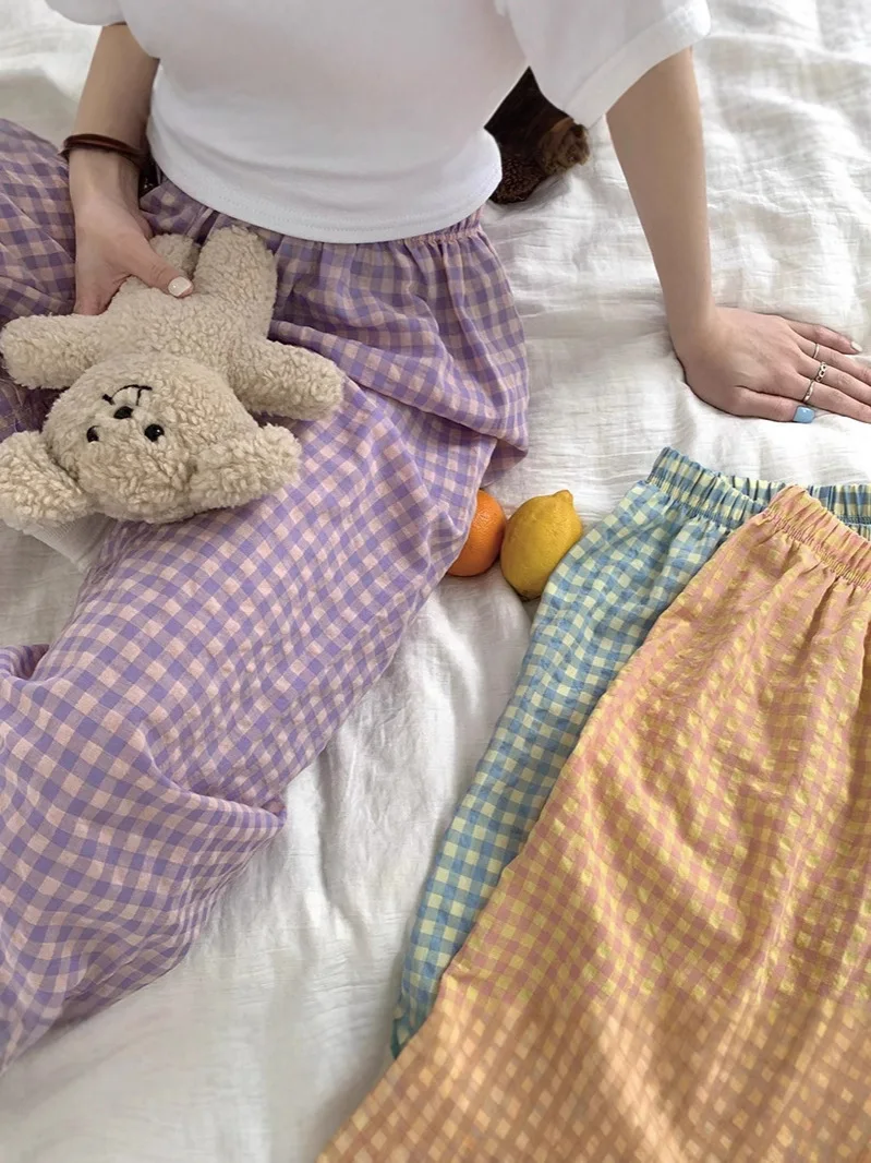 

Женские летние свободные брюки в клетку, брюки, тонкие корейские хлопковые домашние брюки с цветочным принтом, повседневные пижамные брюки, широкие брюки