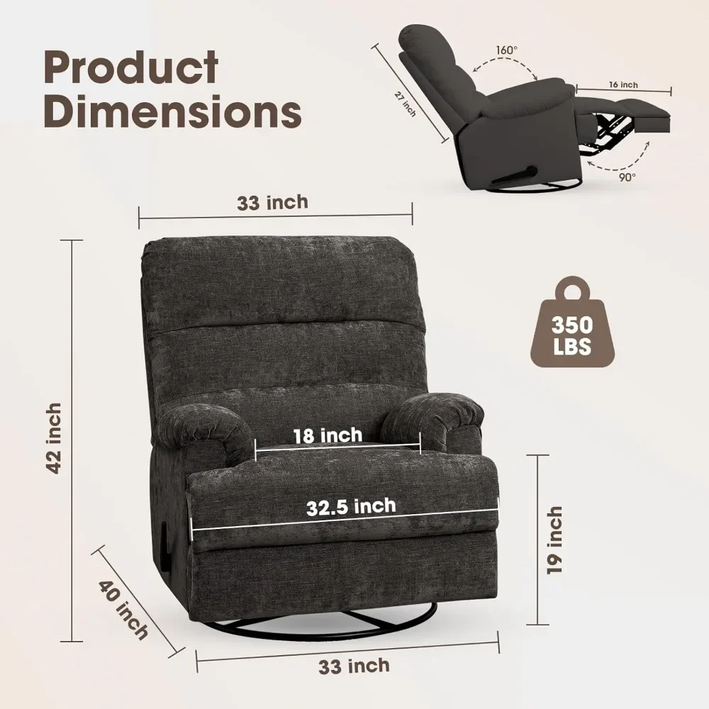 Large Swivel Rocker Recliner Chair, Glider Rocker Recliner, Lazy Recliner Chair with High Back, for Living Room (Dark Grey)