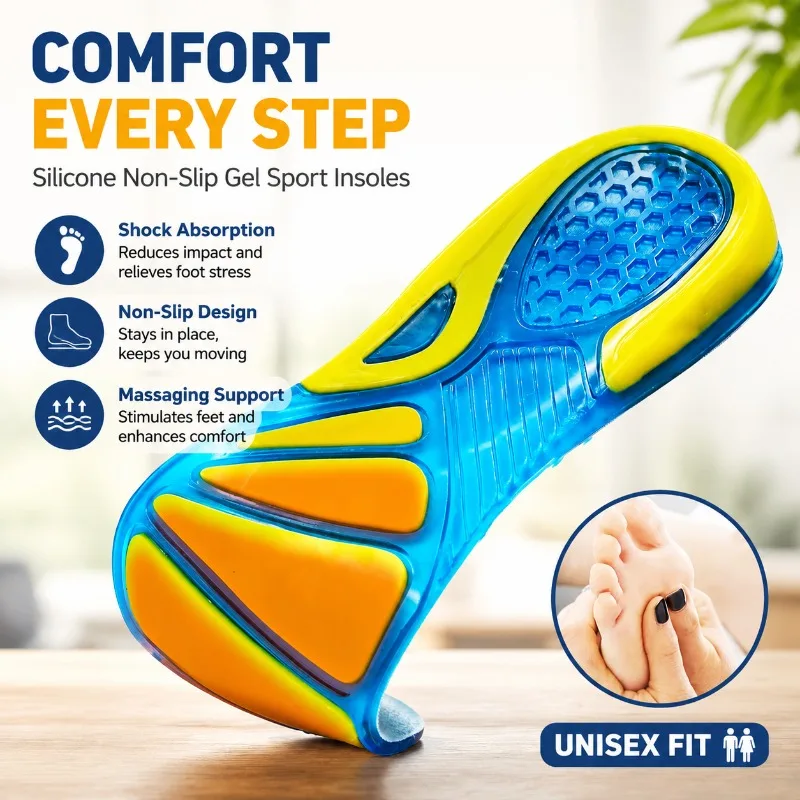 Silicone Non-Slip Gel Sport Insoles, Orthopedic Shock Absorption Cushion Pad for Running, Massaging Support for Men Women,