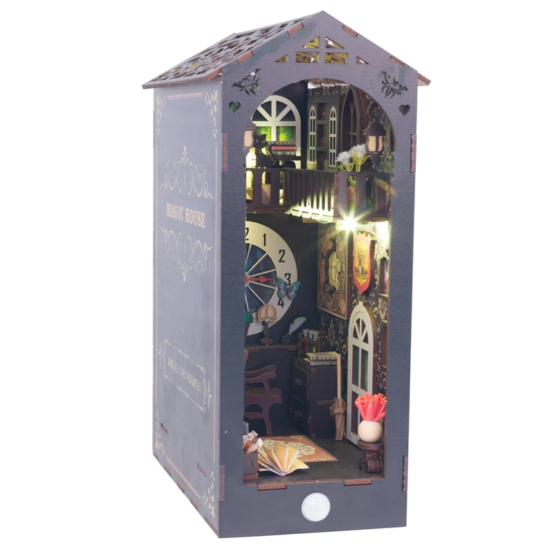 DIY ไม้ Magic House Book Nook ชั้นวางชุด Miniature ชุดชั้นวางหนังสือ Light Bookend สําหรับของขวัญวันเกิดเพื่อน