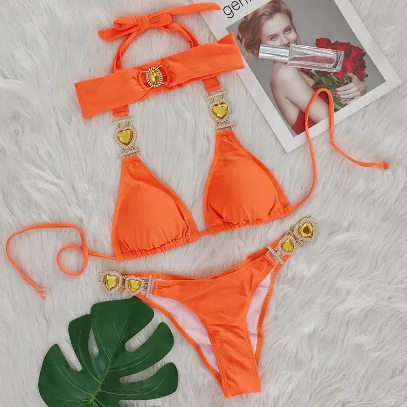 

2024 New Sexy Luxury Bikini Solid Color Female Split Strap Swimsuit Metal Accessories Swimsuit Summer Trend