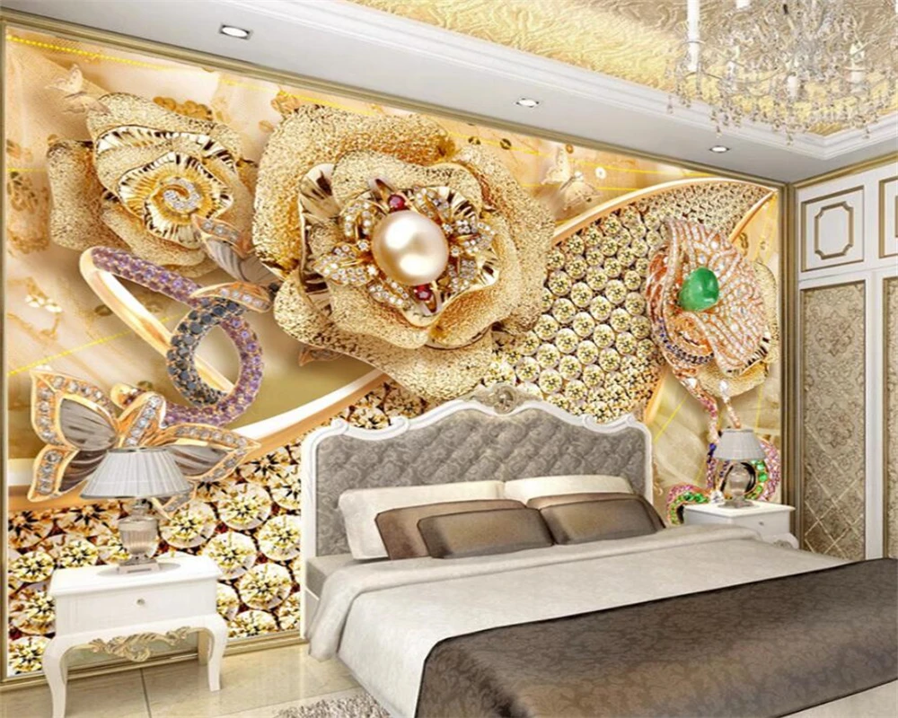 

beibehang Fashion Golden Fashion Wallpaper 3D Stereo Gold Glasses Diamond Flowers Jewelry Walls wallpaper for walls 3 d tapety
