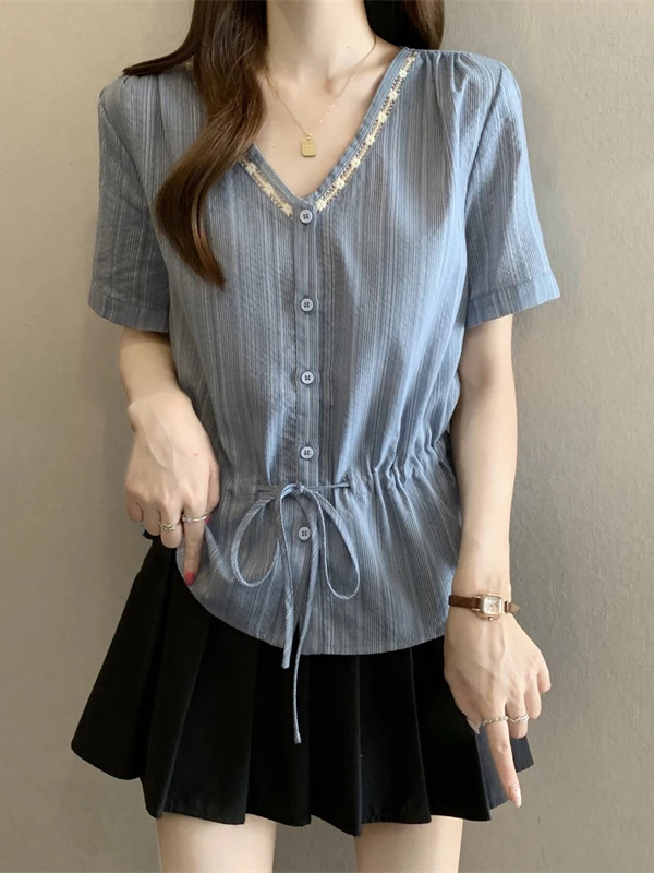 

Blue Striped V-Neck Shoulder Shirt Women's plus Size Drawstring Waist Top Commute Style Korean Loose Fit Short Sleeve Shirt