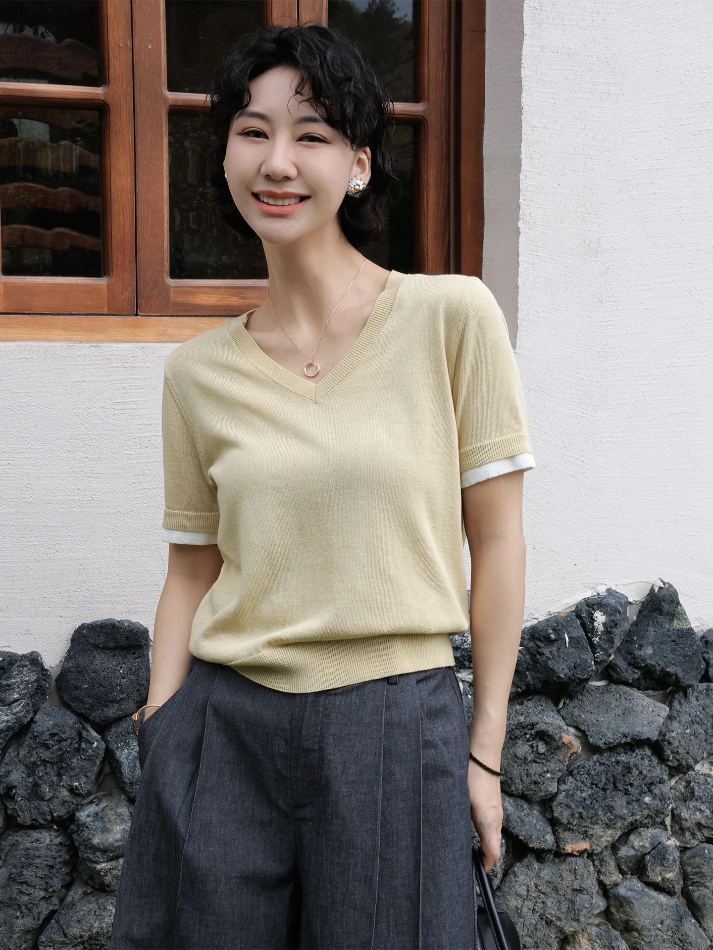 

Футболка TT Half Dusk из льняного трикотажа с V-образным вырезом, летняя, новая модель, желтая, универсальная, повседневная, с коротким рукавом