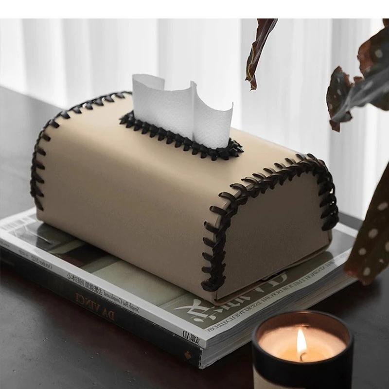 

Leather Tissue Box Color-blocked Thread Weaving Two-color Home Napkin Holder Paper Towel Holder Organizadores Home Decoraction