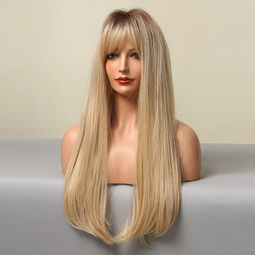 ALAN EATON Blonde Long Straight Synthetic Wigs with Bangs for Women Natural Looking Light Golden Wig Heat Resistant Daily Party
