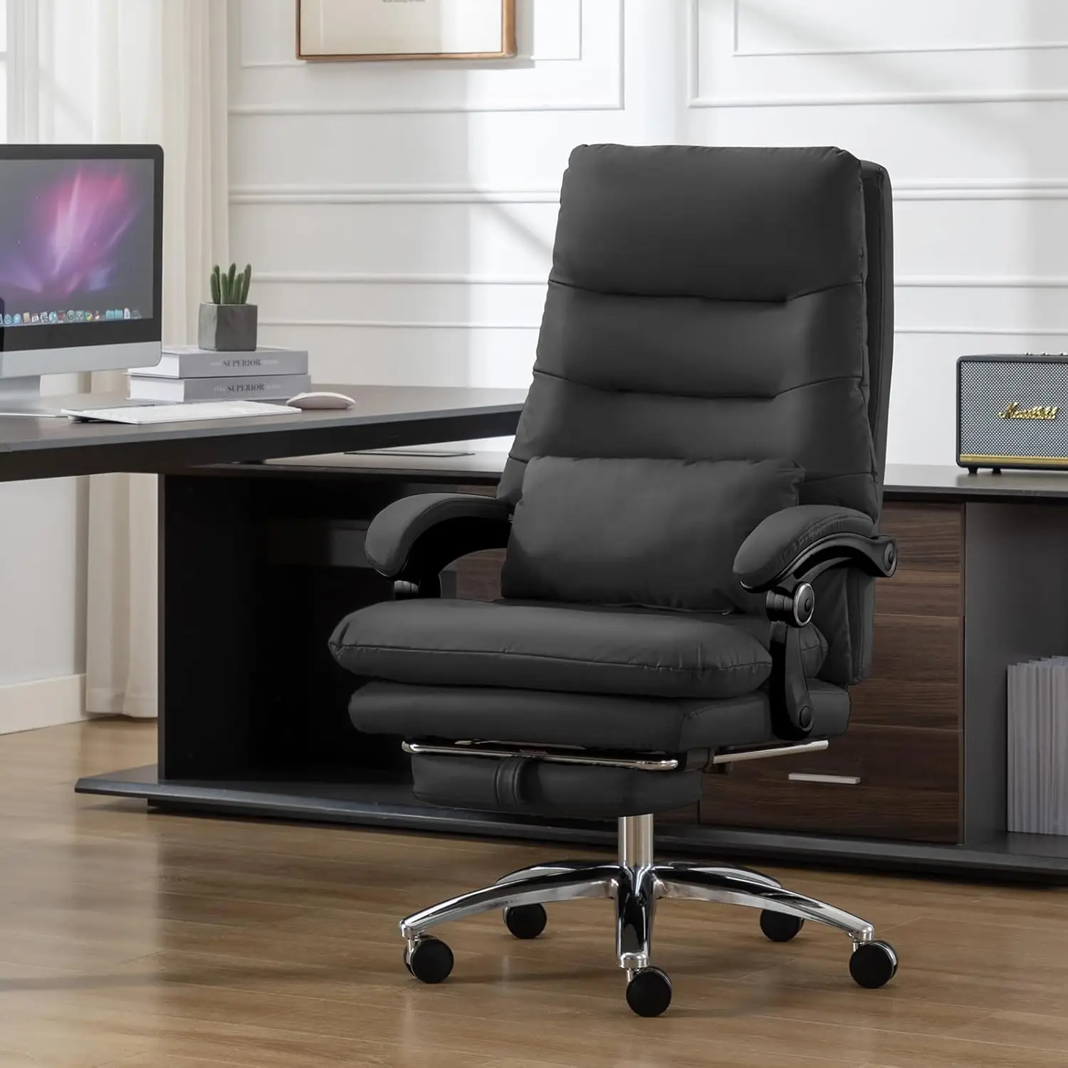 Office Chair With Foot Rest - High Back Executive Chair With Padded Linkage Armrests, Reclining Desk Chair With Wheels, Comfy