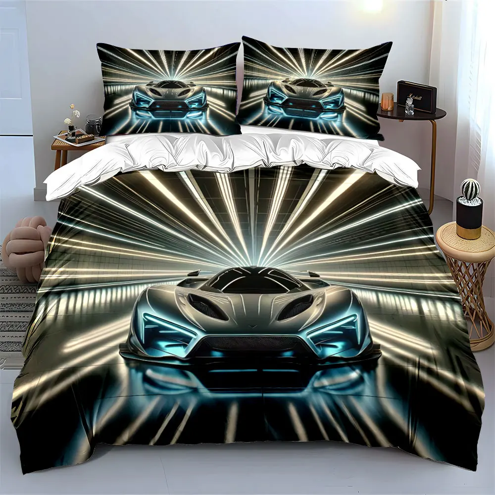 Futuristic Silver Hypercar Bedding Set, Bright Light Tunnel Racing Car Print 3PC,Metallic Cool Comforter Cover Bedroom Decor