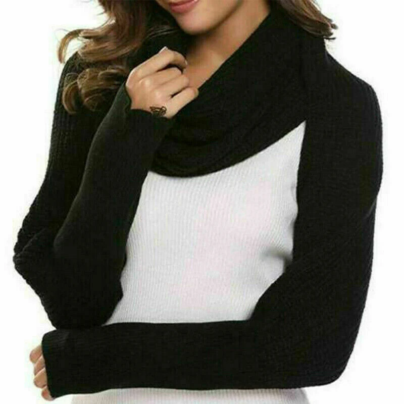 Knitted Shawl With Long Sleeves Elegant Solid Color Wrap Scarf Soft Warm Short Top Autumn Winter Coldproof Knit Shawl Scarves