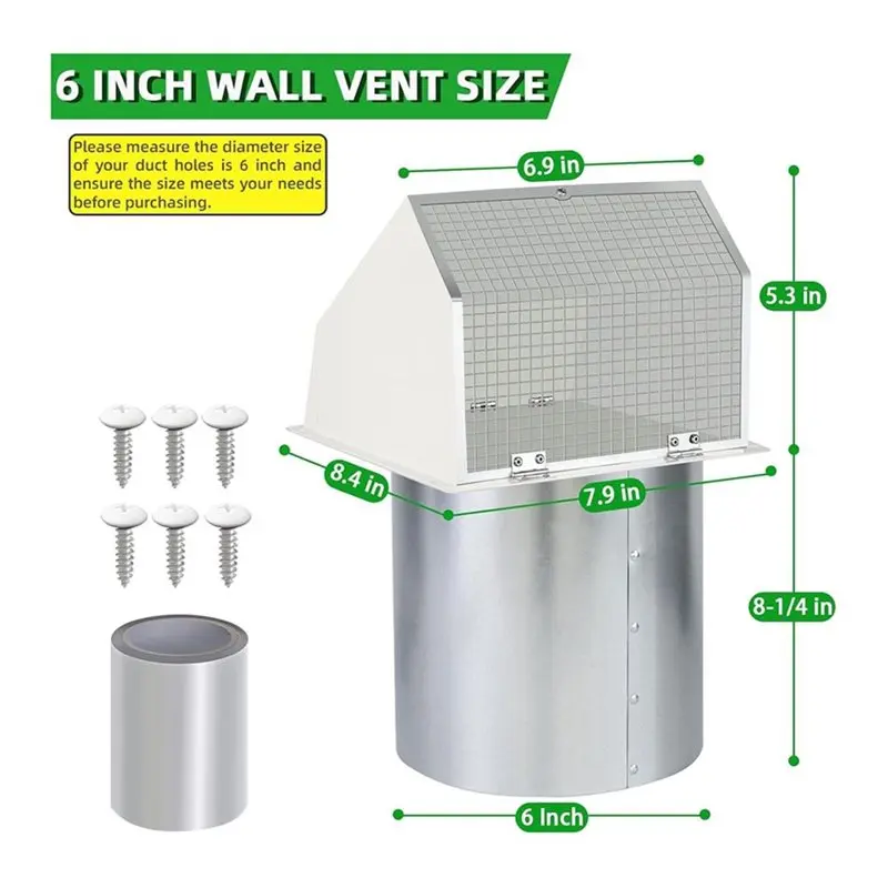 AAAF For Range Hood And Kitchen Air Exhaust 6 Inch Hooded Wall Vent With Screen And Damper, Exterior Dryer Vent Cover