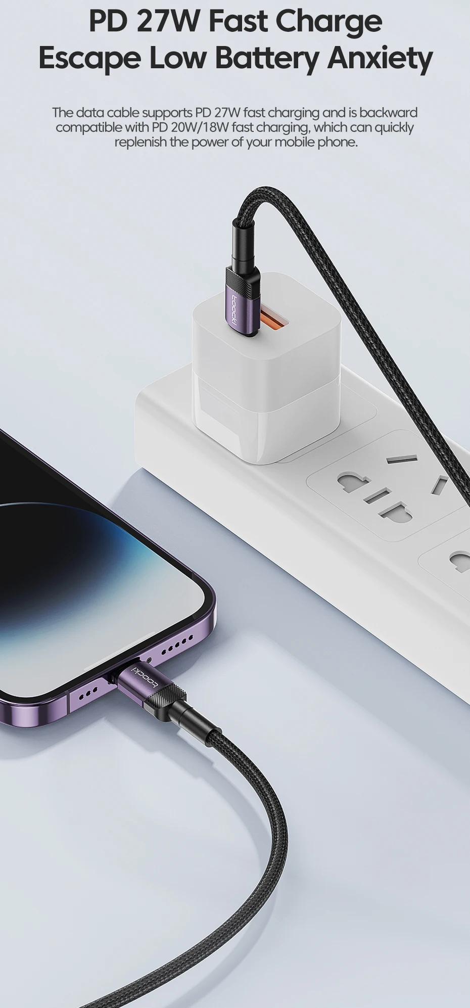 Toocki PD 27W Cable for iPhone 14 13 12 11 Pro Max 8 7 Plus Macbook 2.4A Fast Charging USB C to Lighting Cable Data Wire