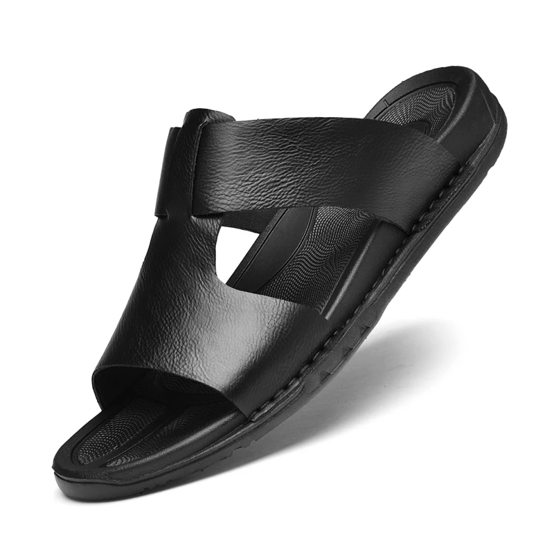 Men Casual Leather Slippers Slides Slip on Sandals Summer Shoes Beach Outside Comfortable Breathable Khaki Black