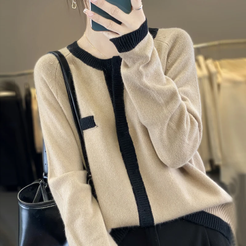 French Classics Elegant O-Neck Pure Wool Knitted Cardigan Women Paris Small Fragrance Hidden Button Jacket Coat Sweater Autumn