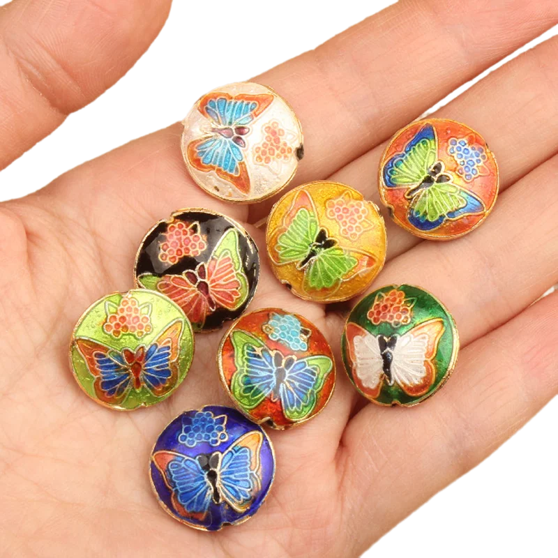 

2 Pcs Pretty Fine Cloisonne Round Butterfly Beads, High End DIY Jewelry Making Beaded, Enamel Accessories Chinese ICH Handcrafts