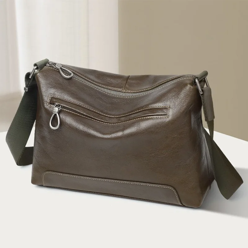 New Genuine Leather Men's Crossbody Bag Soft Casual Shoulder Bag Large Capacity Messenger Purse for Daily Travel Work